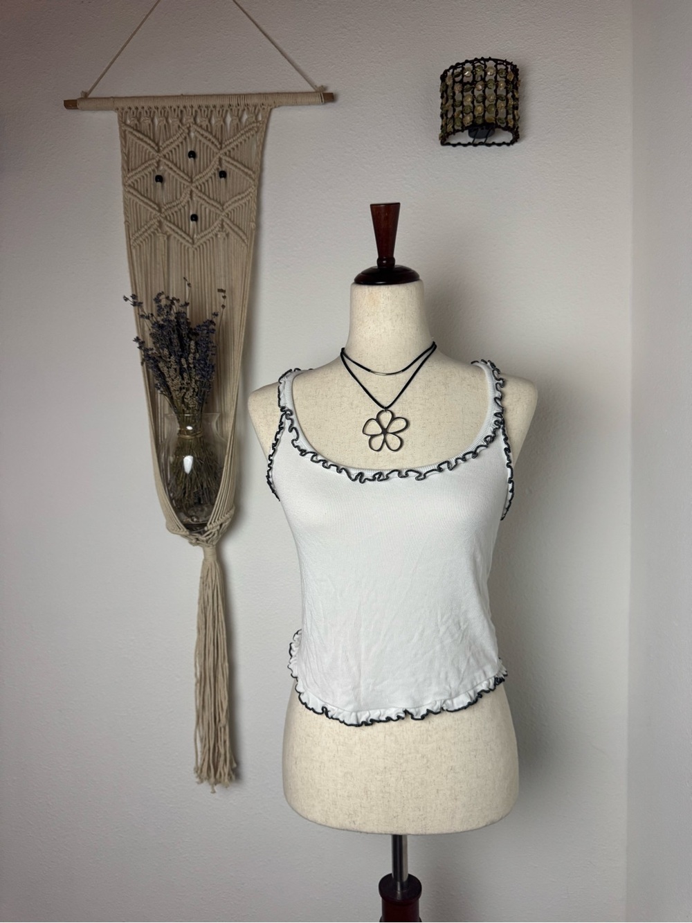 Urban Outfitters White Tank Top with Black Ruffle Trim